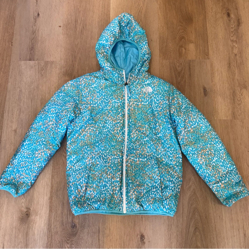 North Face Reversible Blue Patterned Hooded Puffer Jacket Girl’s Large 12/14